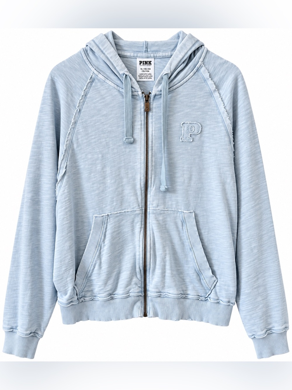 PINK Victoria's Secret Light Blue Zip-Up Hoodie Jacket Distressed Logo Y2K